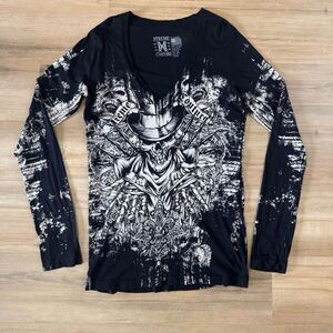 Xtreme Couture By Affliction Black And White Long Sleeve Shirt Size XL Skulls